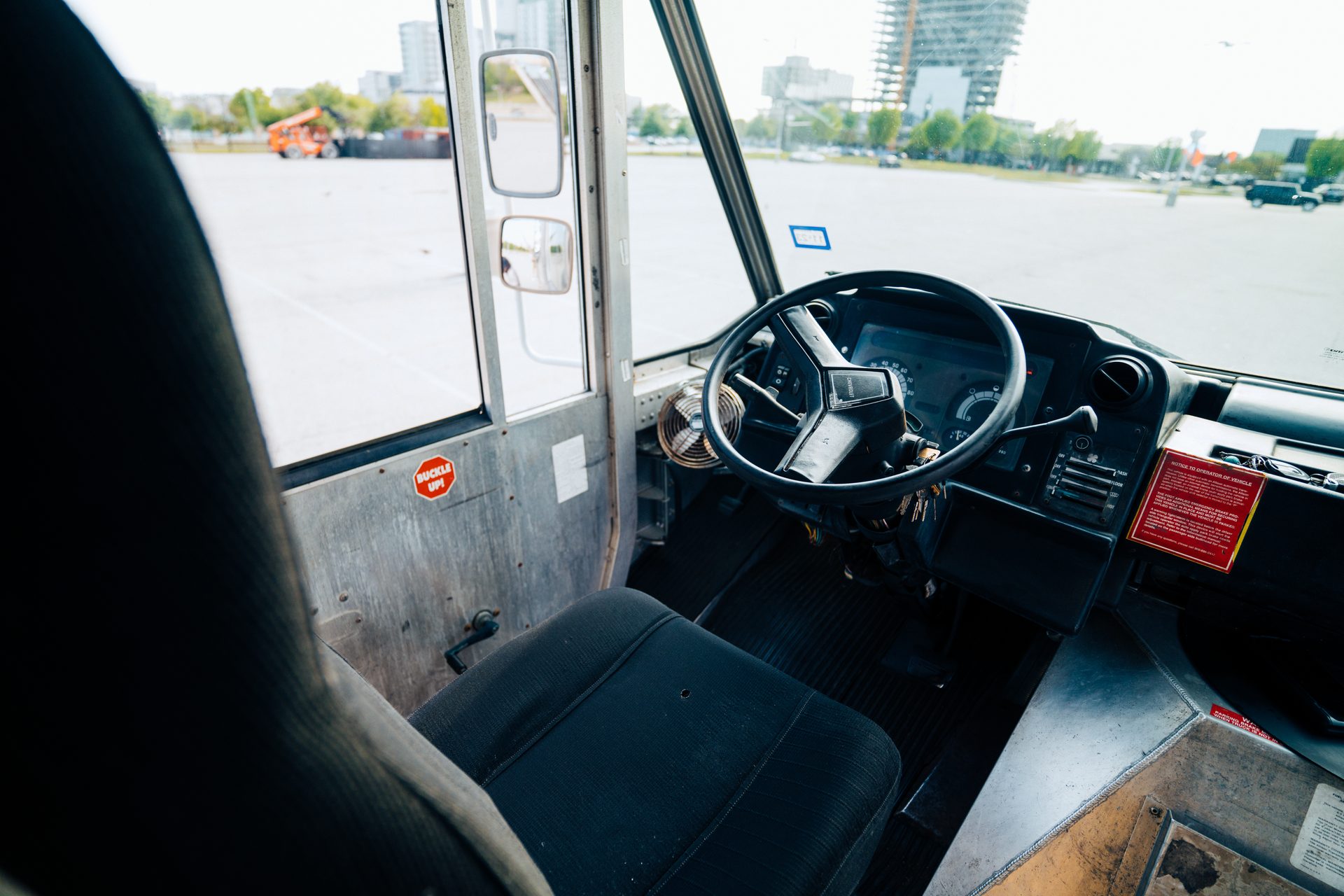 Cab interior — steering wheel and dashboard