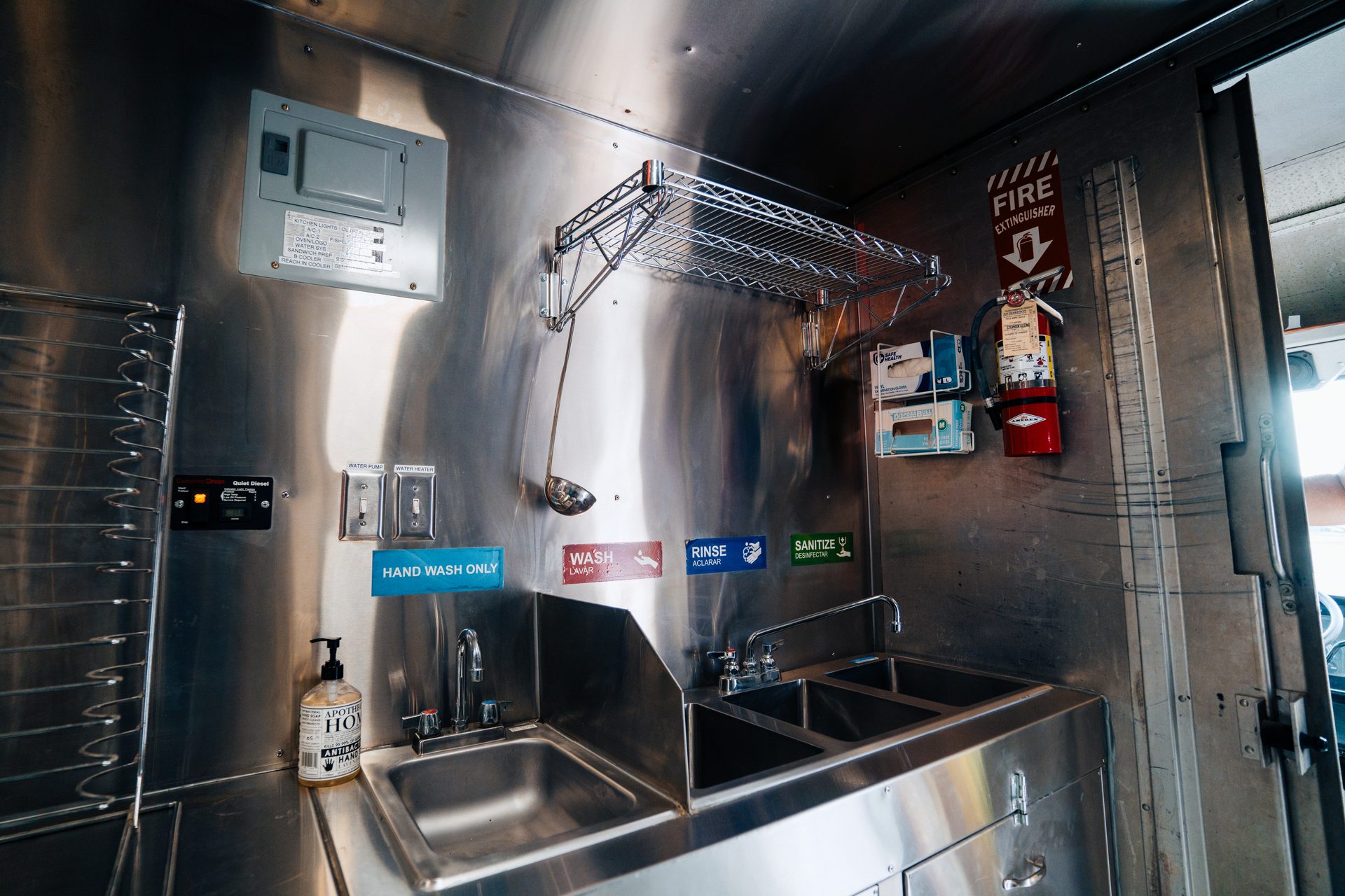 Sinks, hand wash station, and fire extinguisher