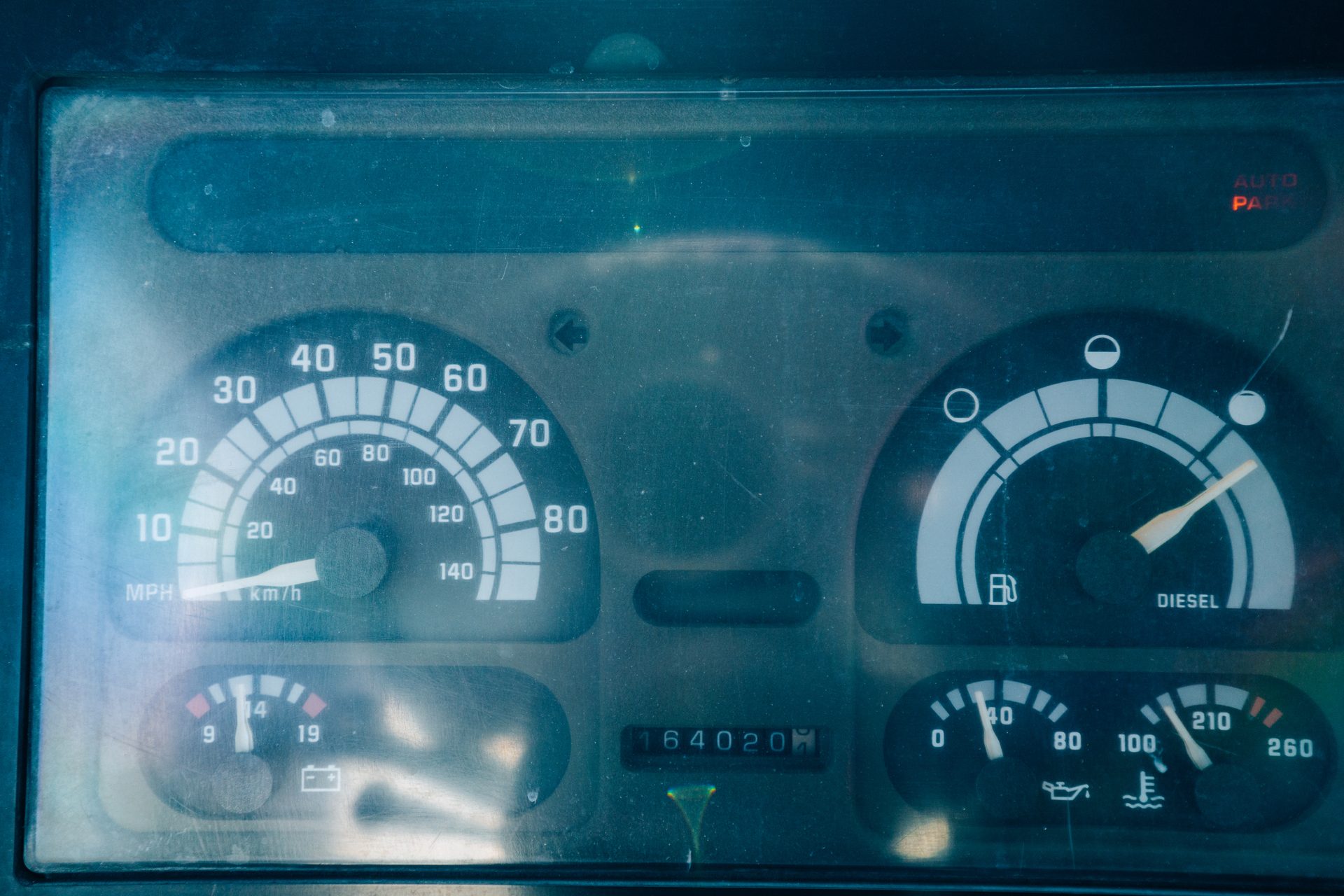 Dashboard showing speedometer, fuel gauge, and indicators
